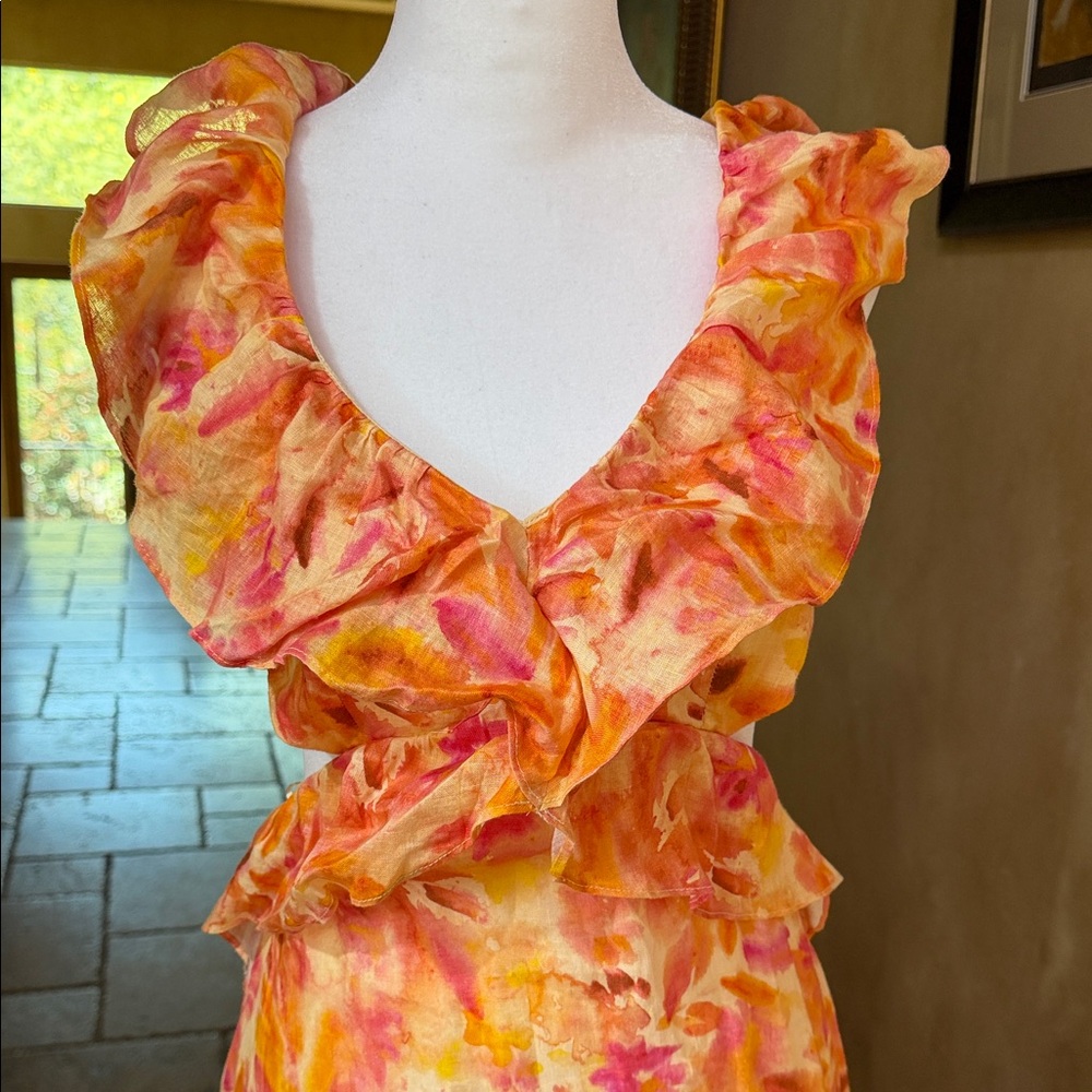 Zara Flutter-Sleeve linen Open-Back Maxi Dress in Orange Floral - Picture 4 of 15